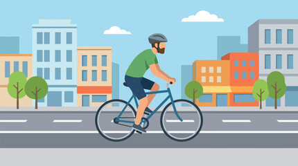 Fototapeta premium Bicyclist with a beard commutes to work through a busy urban environment.