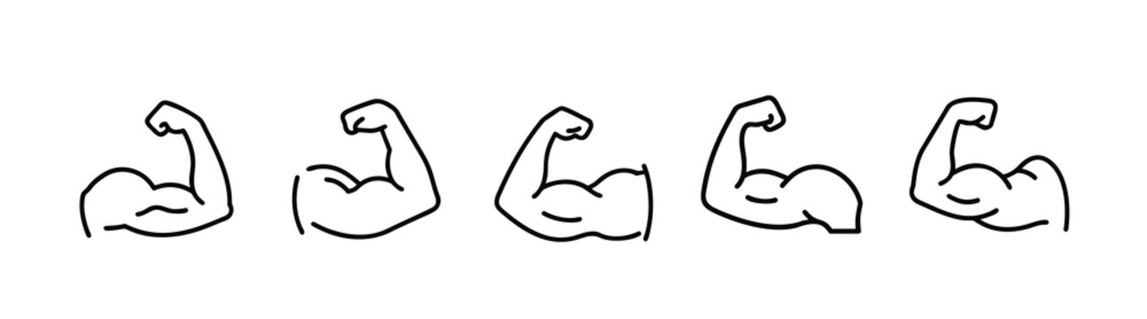 Muscular arm outline icons set bicep flex power bodybuilding muscle strength fitness gym workout athletic body & more vector illustration with editable stroke.