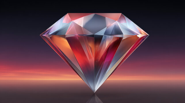 A digitally rendered gemstone with iridescent colors reflecting a gradient sky, showcasing facets and brilliance on a glossy surface for artistic elegance and value.