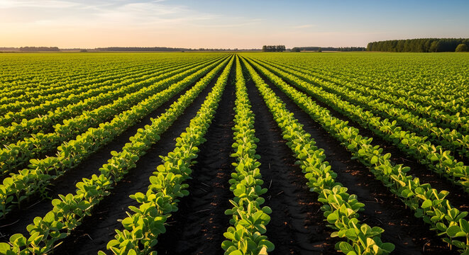 Rows of vibrant green crops extending across a field under clear sky during sunset. Concept of agriculture, farming practices, or sustainable food production.