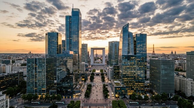 Modern Skyscraper Skyline at Golden Hour with Architectural Plaza