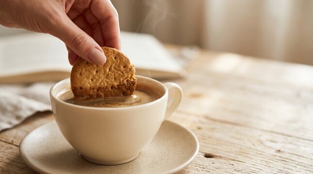 Hand dipping biscuit into cup of coffee on wooden table  