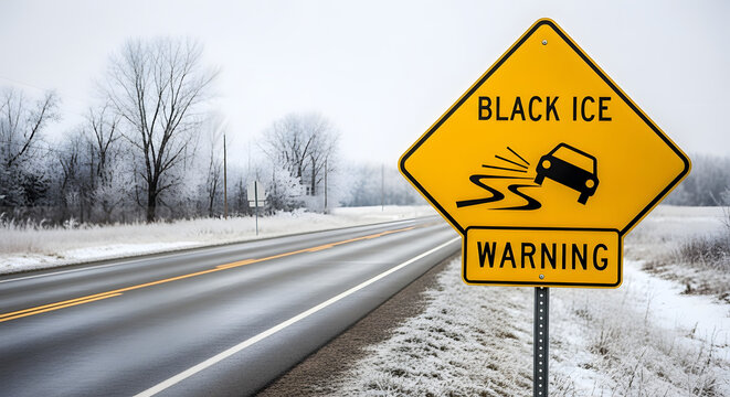 Warning sign indicating black ice hazard on roadside, emphasizing winter driving safety. Provides caution for motorists about slippery conditions during cold weather.