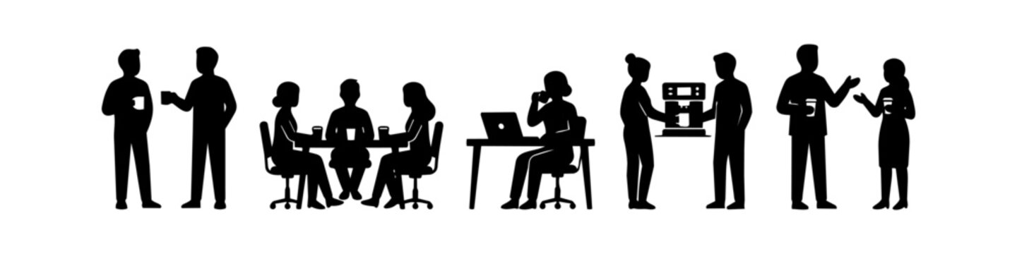 Set of office worker silhouettes enjoying coffee breaks, networking, and collaborating in various workplace scenes. Modern flat vector icons for business and corporate culture concepts.