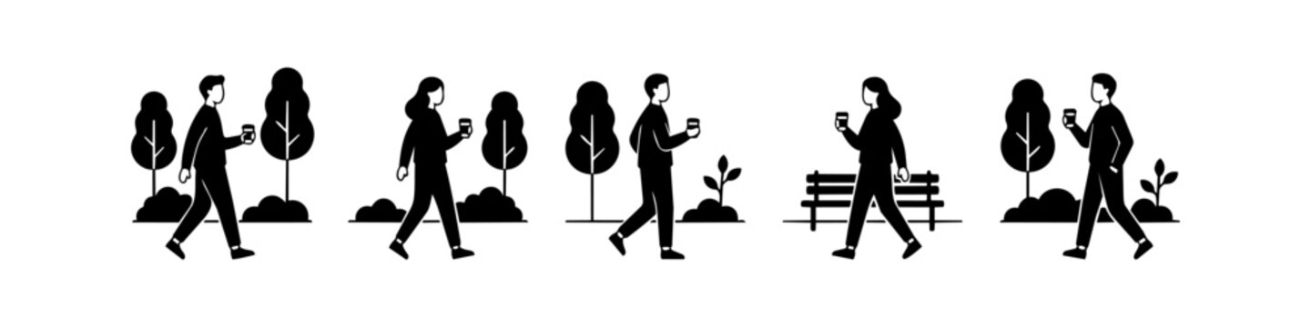 Minimalist black and white illustrations of people walking in a park while holding coffee cups. Modern flat vector silhouettes of men and women enjoying a stroll outdoors.