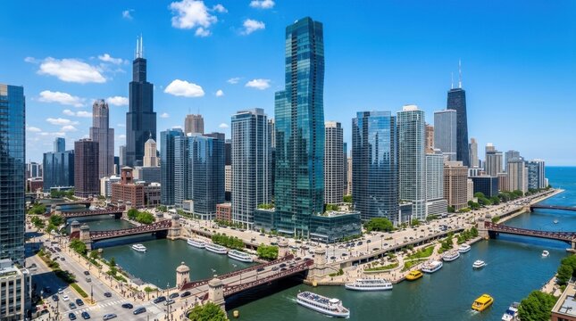 Modern Chicago Skyscrapers Downtown Cityscape with River and Blue Sky
