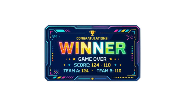 Digital game scoreboard displaying winner with final score and trophy