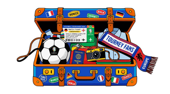 Open suitcase packed with football tournament travel items and fan accessories for 2024 event