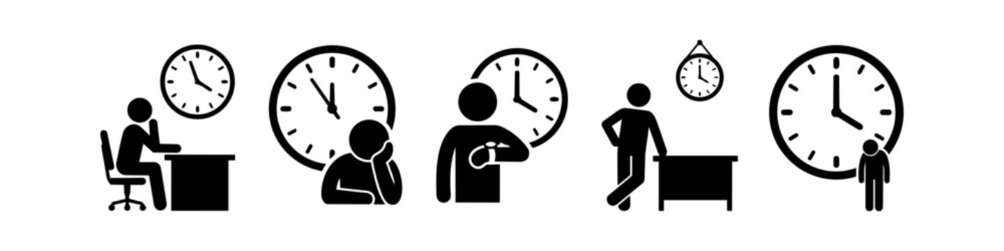 A minimalist black and white vector icon set illustrating people managing time, waiting for deadlines, checking watches, and working at desks under the pressure of a ticking clock.