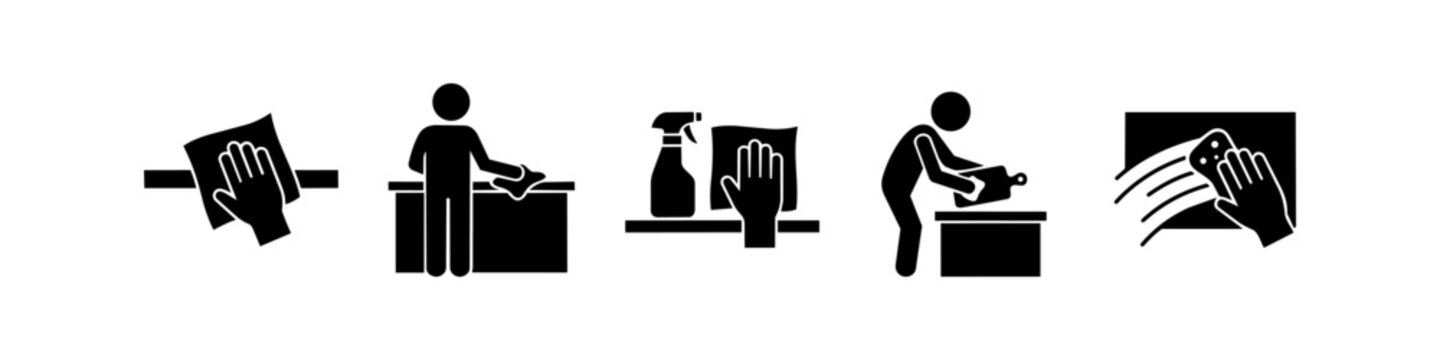 A collection of black icons illustrating cleaning and disinfection procedures. Features stick figures and hands wiping surfaces with cloths and spray bottles for hygiene maintenance.