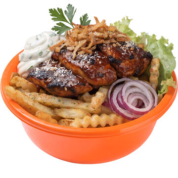 Kapsalon dutch takeaway dish with fries and melted cheese isolated on transparent background PNG