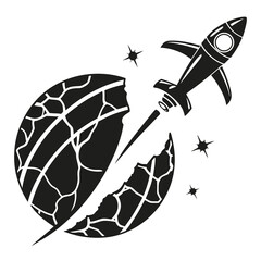 Black planet and rocket on white background space astronomy explosion © Abu