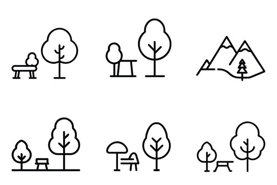 Park outline icons set landscape nature tree garden bench mountain outdoor forest recreation environment area & more vector illustration with editable stroke.