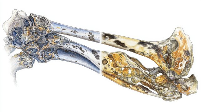 A cross-section of a dog elbow joint. It highlights the joint changes linked to elbow dysplasia and compares them to healthy anatomy.