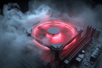 Naklejka premium Computer cooling fan emits red light while steam rises from the desktop setup in a dark room during the night