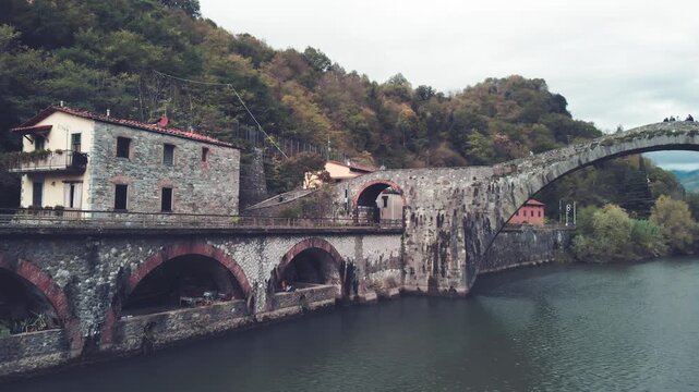 Amazing aerial view of Ponte della Maddalena, as known as Devils Bridge, near the town of Lucca, Tuscany