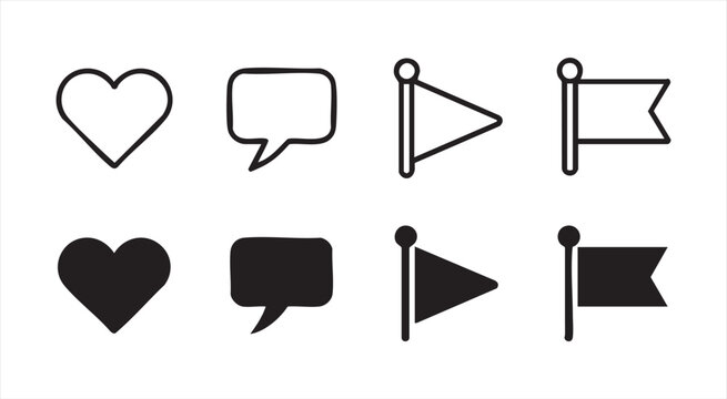 Heart and flag icons collection, outline and solid filled shapes for social media.
