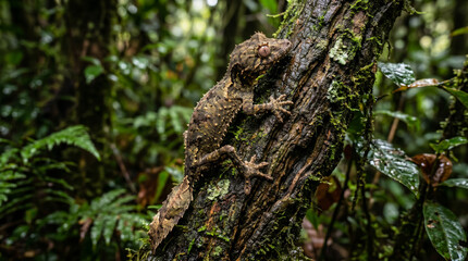 Obraz premium Rare tropical gecko climbing mossy rainforest tree