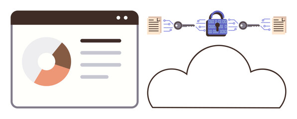 Cloud computing, data security, encryption, digital protection, file management, information technology. A lock securing documents and a cloud with a chart. Cloud computing and data security concept © robu_s