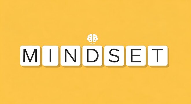 A minimalist composition featuring the word mindset arranged in Scrabble style tiles with a small brain icon above, set against a solid yellow backdrop.
