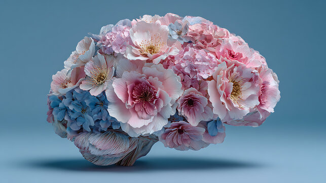 Artistic floral brain sculpture composed of delicate pink and blue blossoms, symbolizing mental wellness, creativity, emotional intelligence, neuroscience and the beauty of the human mind