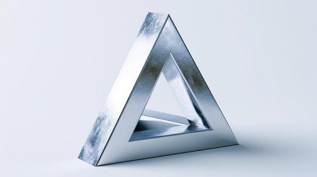 A penrose triangle stands in a white space showcasing its sleek chrome finish and engaging optical illusion through clever shadow designs.
