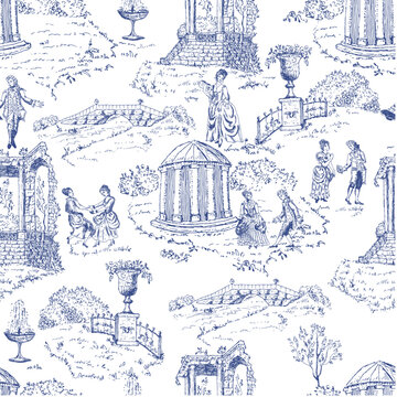 Rococo style women, men dancing, reading, colonnade, ruin, blue toile de Jouy pattern, gallant scenes.