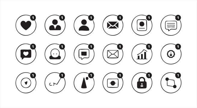Set of notification alert badges with various business and communication icons for web design work.
