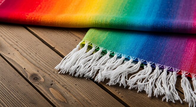 A rainbow colored blanket with white fringe lies on a wooden floor.