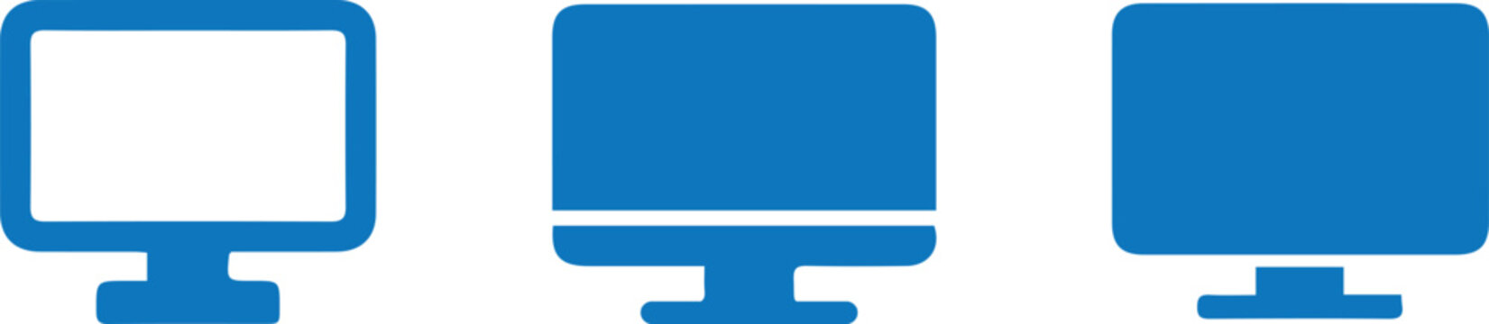 three blue desktop monitor computer screen icons flat vector size variation set technology design collection