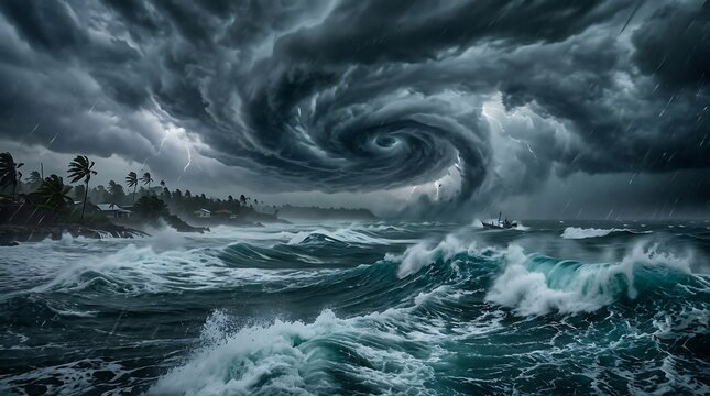 Violent hurricane storm over a dark ocean at night