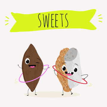 Funny Characters mostaccino, Ossa di morto, le ossa dei morti, italy dessert, hand drawn vector illustration.