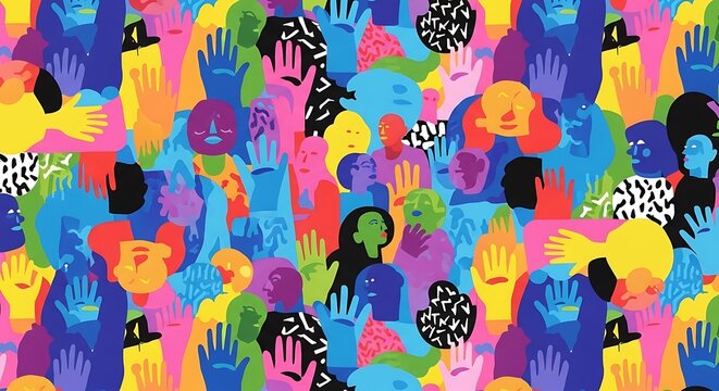 Vibrant digital artwork featuring overlapping hands in various colors and patterns, creating a cohesive and dynamic composition.