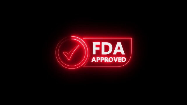 glowing neon FDA Approved icon Food and Drug Administration label. FDA Approved blue Check Mark icon. FDA Approval icon and Medical Research, motion graphic of FDA approved check mark concept