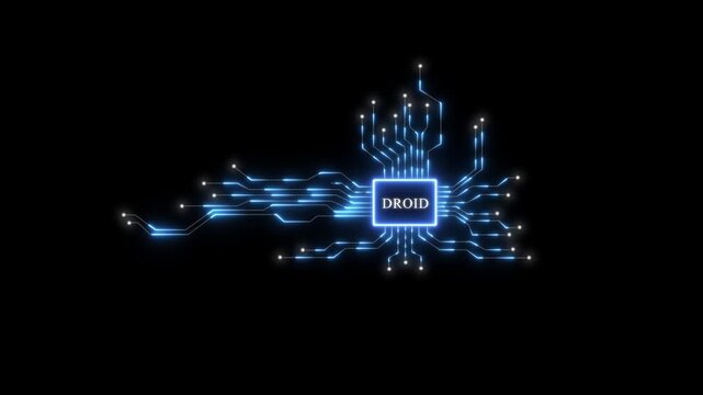 Droid digital circuit board animation with glowing blue data flow lines on black background, for tech concept