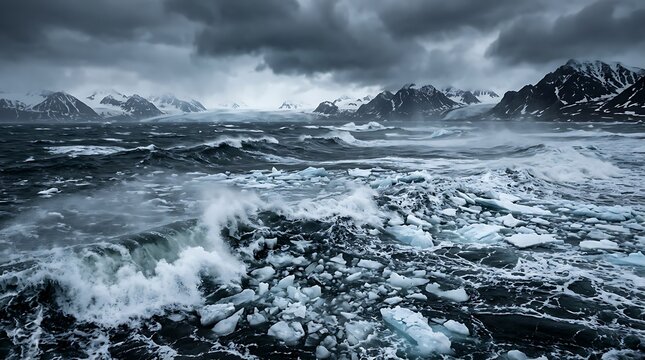 Glacier ice chunks floating in a cold mountain lake