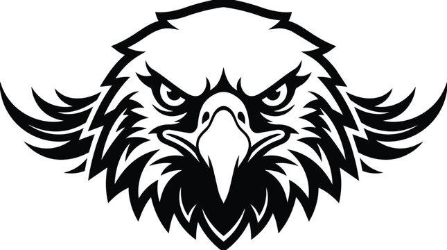 Bold black and white eagle head vector art with fierce eyes and spread wing tips