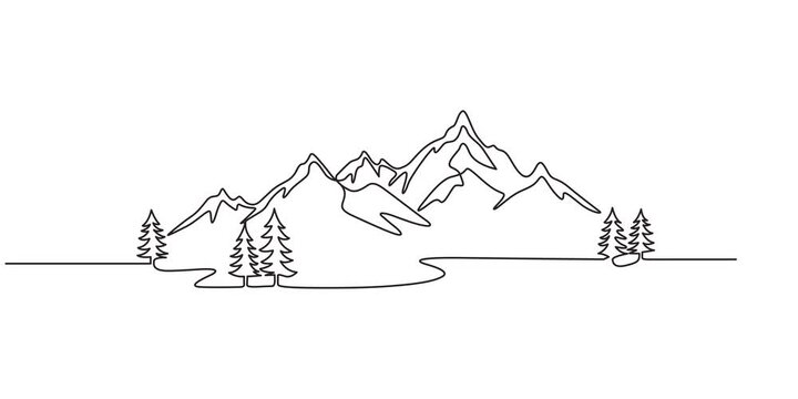 Self animated drawing of continuous one line mountain landscape. Mountains minimalistic single line drawing. 4k animation,Mountains landscape view Continuous one line e continuous line drawing