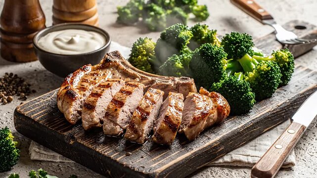 Grilled pork chop with broccoli florets on wooden board