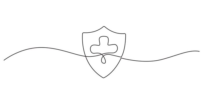 Shield with medical cross icon continuous one line drawing on white background minimalist security and protection symbol 4k animation video, Isolated medical cross outline vector in continuous one