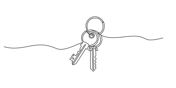 Self animated continuous one line drawing of set of keys on key ring. Full length one line art animation,Animated self drawing of Continuous one line drawing of key. One line drawing illustration of k