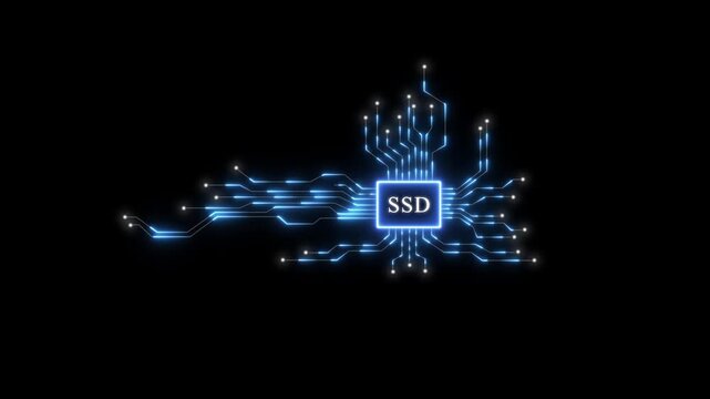 Ssd solid state drive digital circuitry animation: high-speed data storage technology concept on black background