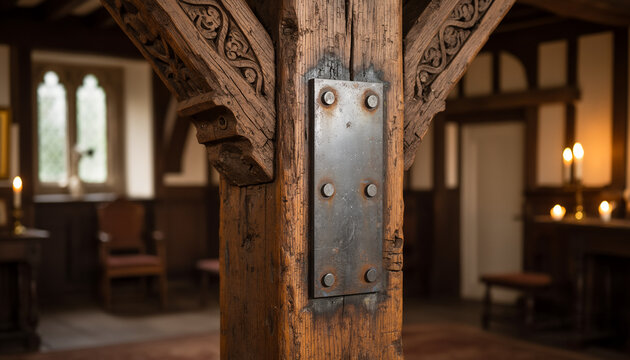 Close up of a rustic antique wooden support beam with a metal reinforcement plate and large iron bolts inside a historic manor or medieval tavern with warm candlelit atmosphere