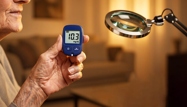 Close up of an elderly senior hand holding a digital glucose blood sugar monitoring device showing a high reading of ten point three with a magnifying lamp in the background