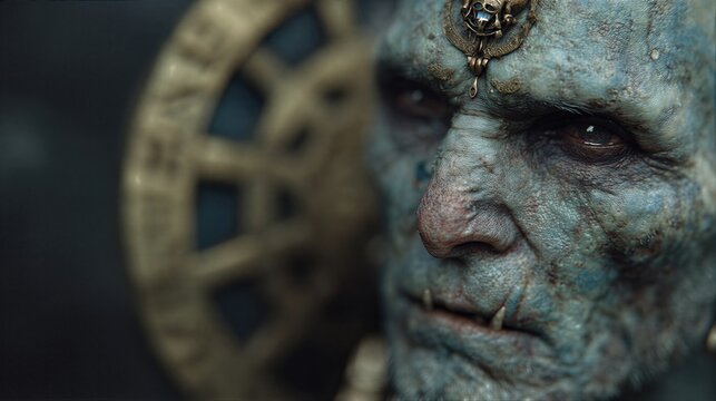 Undead man with blue decayed skin and fangs in ornate headpiece. Fantasy horror portrait of dark creature. Spooky illustration concept for gaming and storytelling visuals.