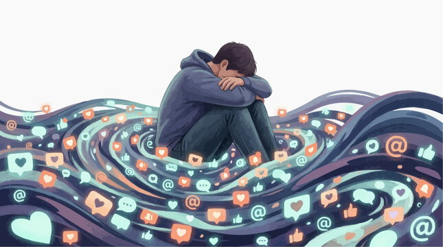Man Curled Up in Social Media Icon Wave &mdash; Digital Isolation Overload and Online Loneliness Illustration