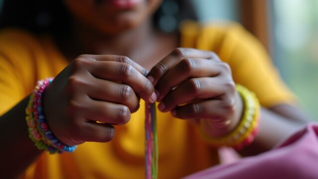 braiding friendship bracelets closeup