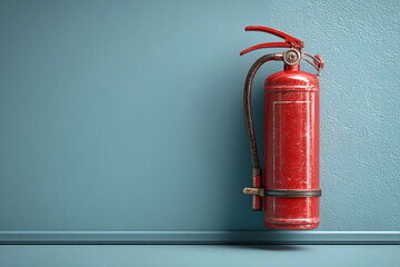 Fototapeta premium Bright red fire extinguisher mounted on blue wall in indoor space during daytime