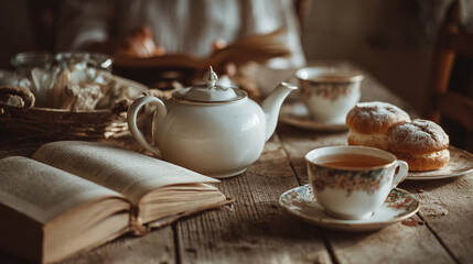 Fototapeta premium Warm tea and pastries on a wooden table with an open book in a cozy setting during the afternoon