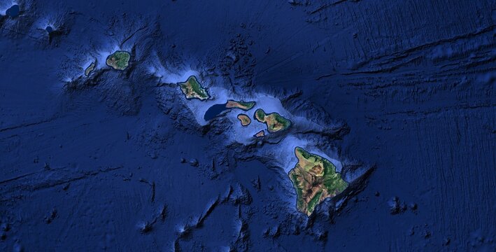 Hawaiian Islands Archipelago Satellite View, Pacific Ocean USA